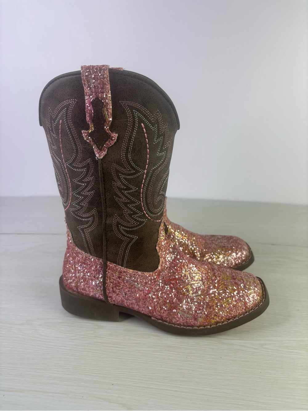 Roper little girls glitter pink southwest square toe western cowboy boots sz 3 - Picture 5 of 8